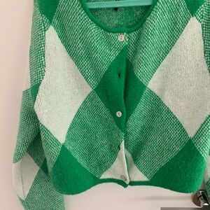 Green Argyle Button-Up Sweater Cardigan